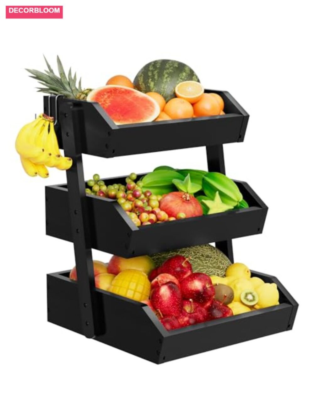 3 Tier Bamboo Fruit Basket with Banana Hooks Kitchen Counter Storage